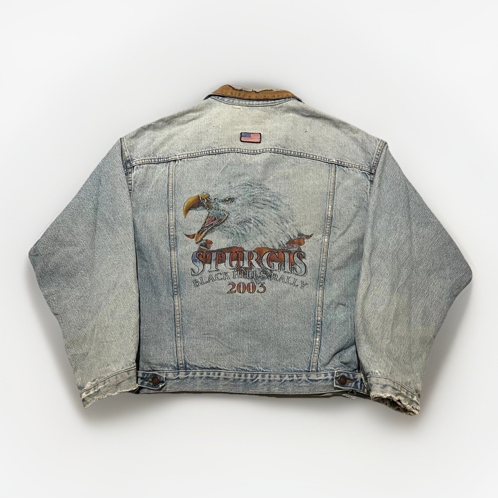 VTG Texas Wear Mens Thrashed Blue Sturgis 2003 Black Hills Rally Denim Jacket XL
